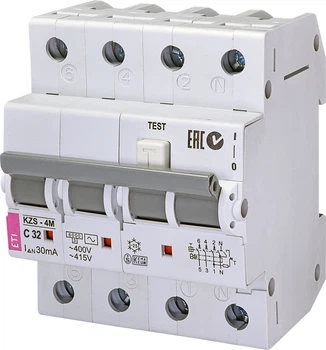 Дифференциальный автоматический выключатель KZS-4M 3p+N C 32/0,03 тип AC (6kA) ETI