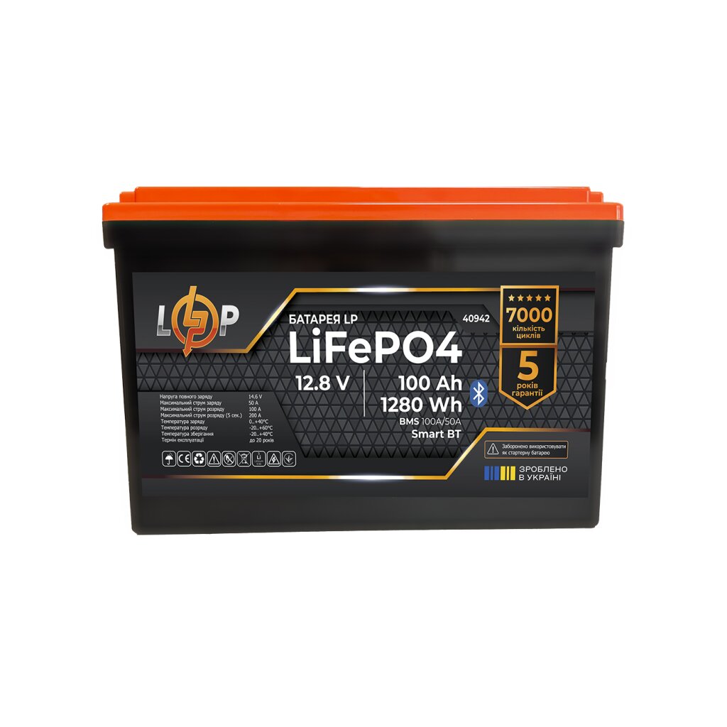 Аккумулятор LP LiFePO4 12,8V - 100 Ah (1280Wh) (BMS 100A/50А) пластик Smart BT