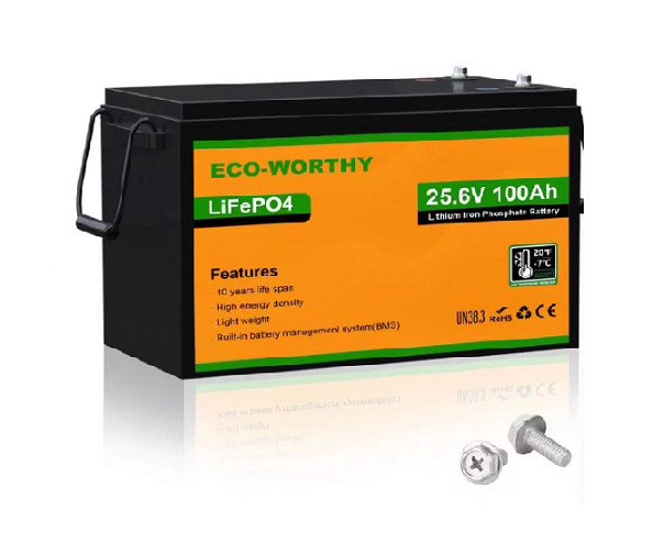 Аккумуляторная батарея Eco-Worthy LiFePO4 25,6V 100Ah,(80 / 100A), -7°C до 60°C, винт M8, 340*188*245 мм. 18 кг