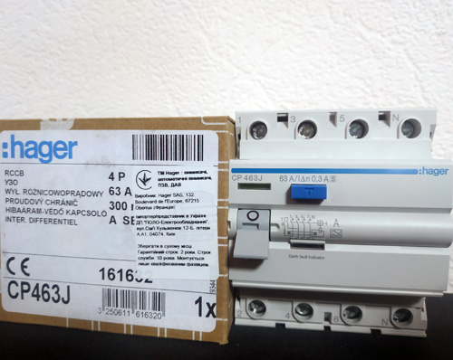 Дифреле Hager CP463J 4P 63A 300mA A S