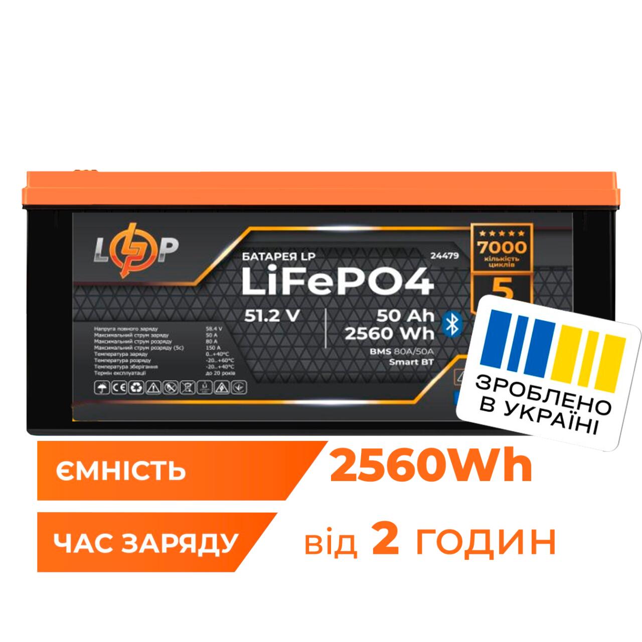 Аккумулятор LP LiFePO4 51,2V - 50 Ah (2560Wh) (BMS 80A/50А) пластик Smart BT