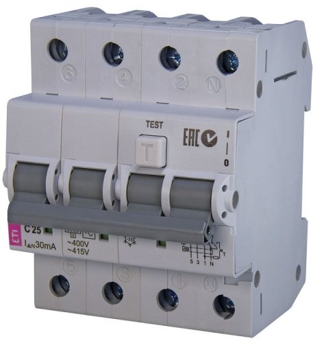 Дифференциальный автоматический выключатель KZS-4M 3p+N C 25/0,03 тип AC (6kA) ETI